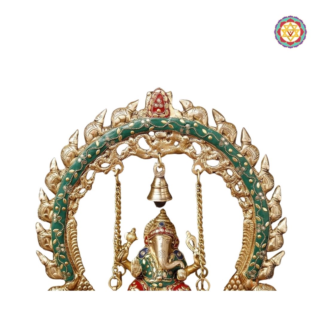 Brass Ganesh Jhula on Swing with Bell, Stone Work, 15”