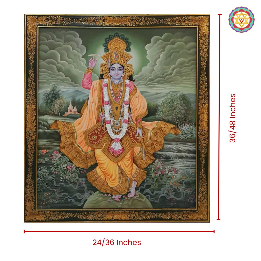 Mahavishnu with Chakra – Handpainted Divine Art with Floral Border