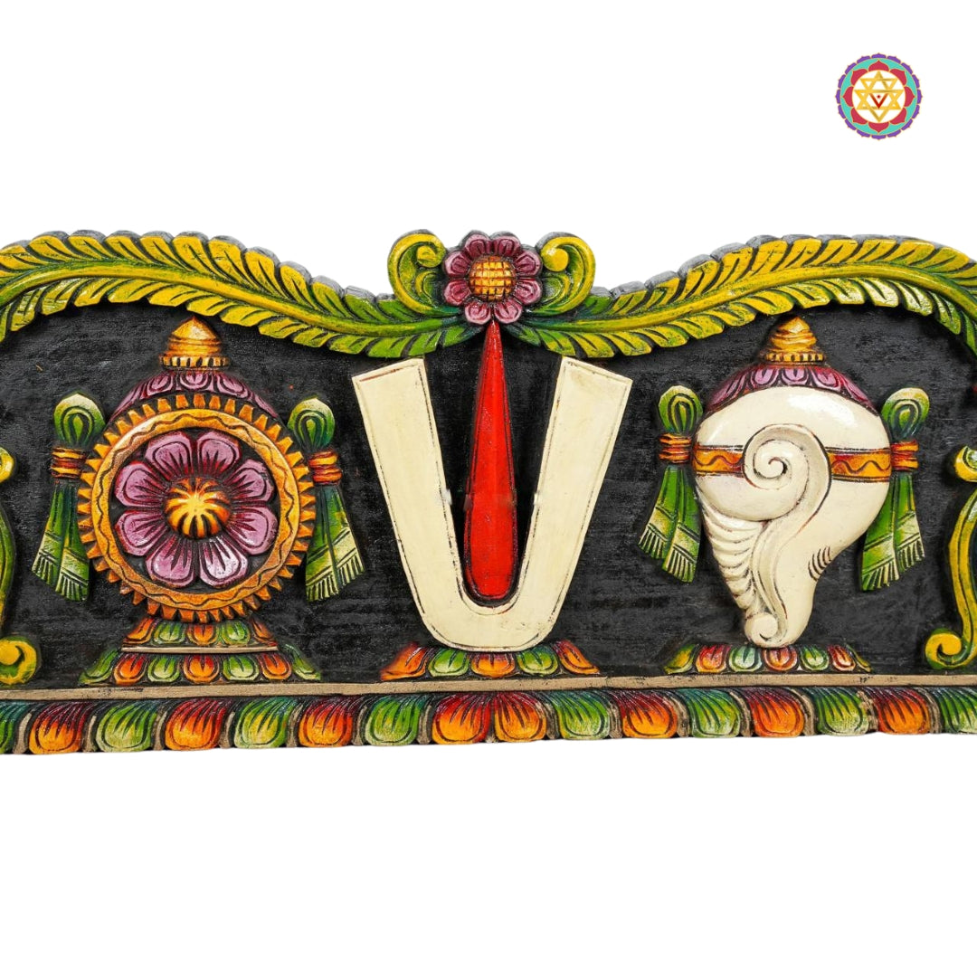 Shankh, Chakra and Namam detail in wooden panel