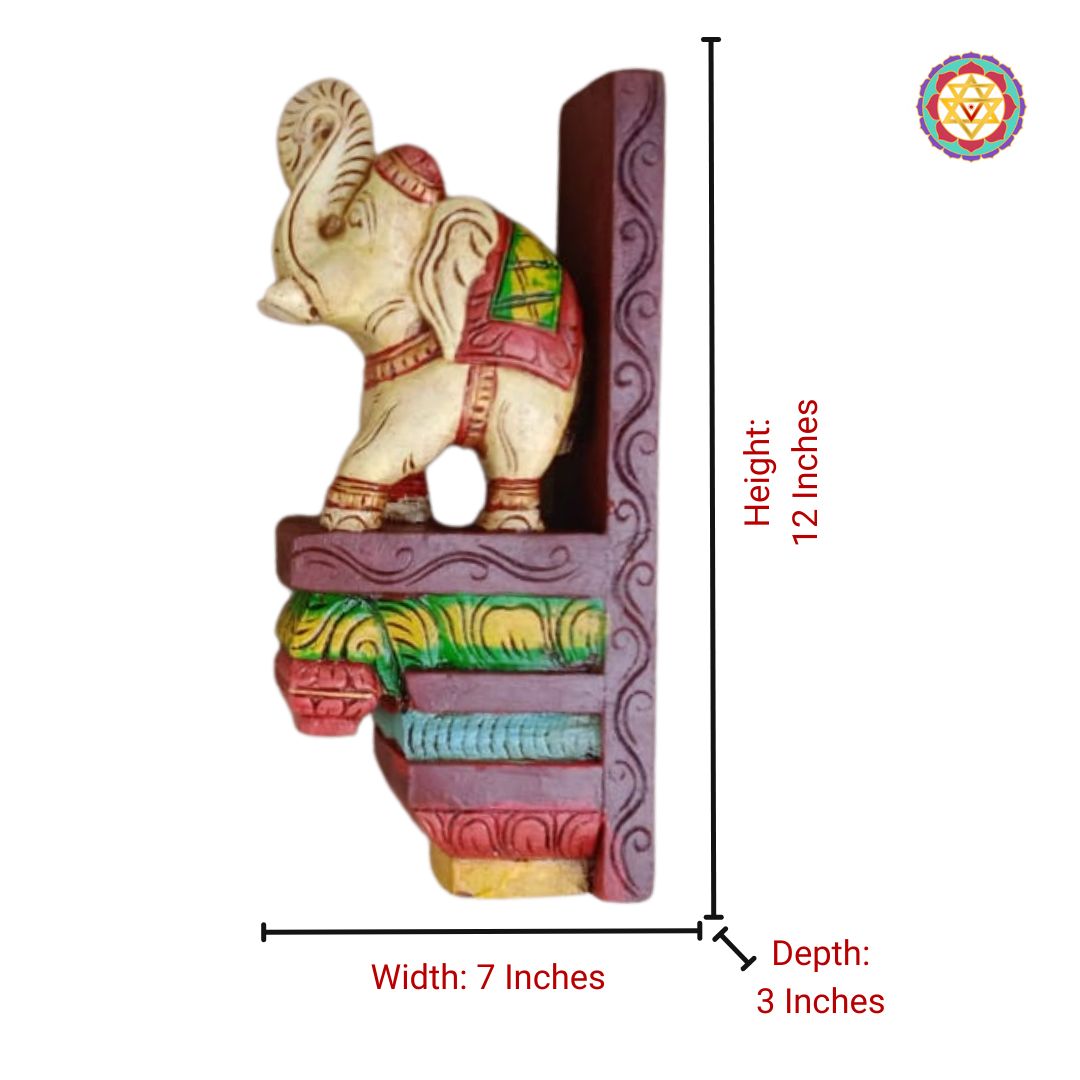 Decorative elephant shelf with measurements on a white background