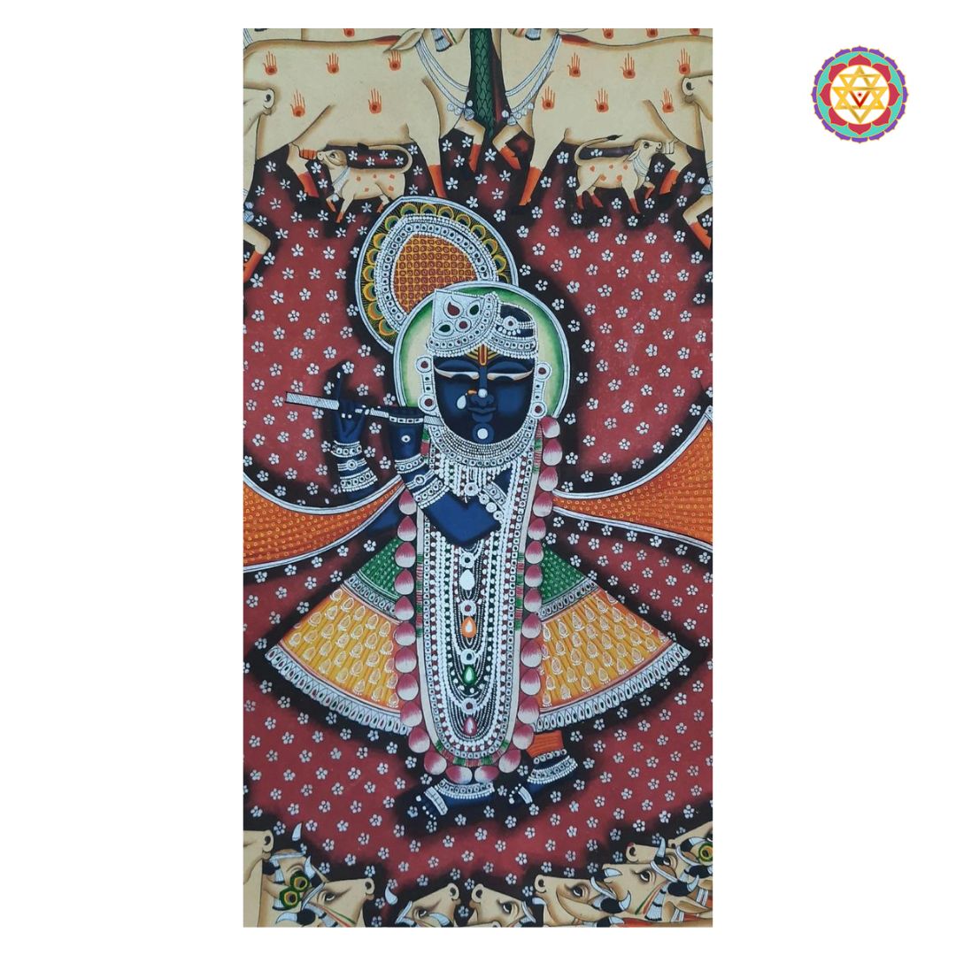 detailed view of antique pichwai gopastami highlighting lotus and temple border elements