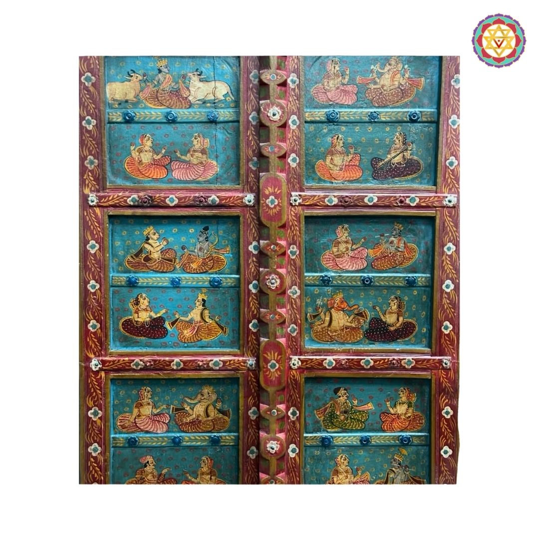 Angle view of handpainted Pichwai wooden door and frame