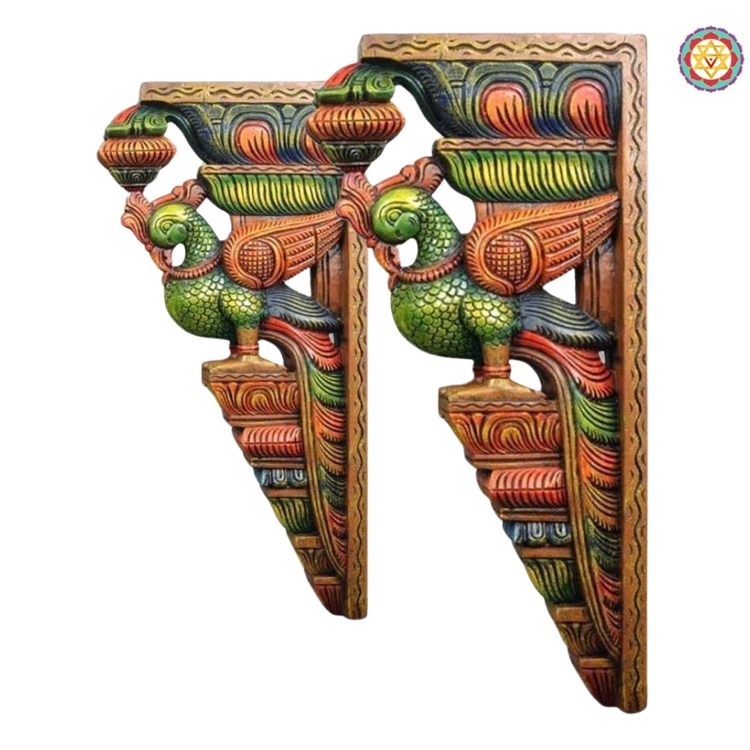 Angled shot of wooden parrot wall bracket showing perched parrot with lush carved foliage background