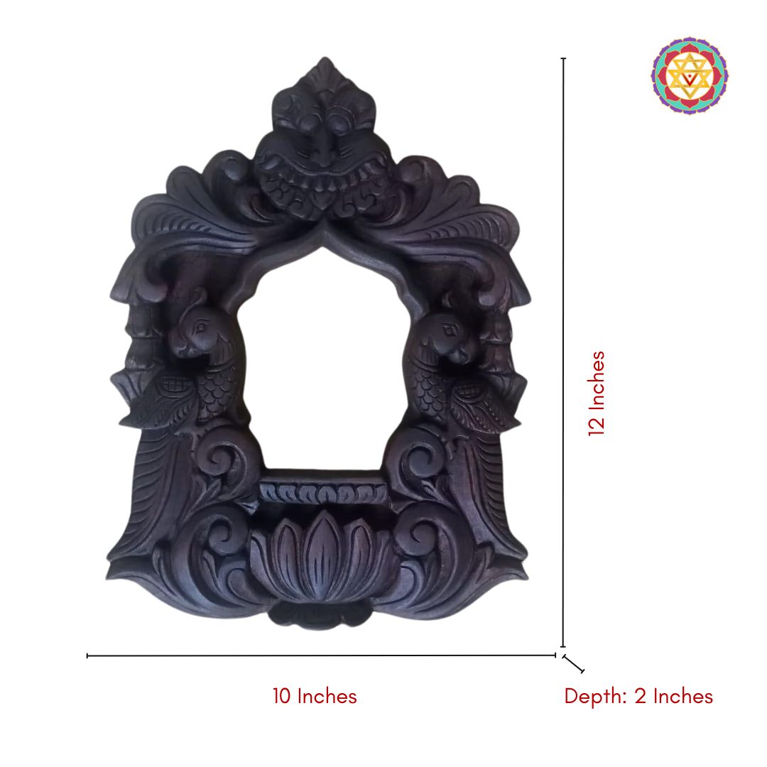 Rear view of the handcarved wooden frame showing hook slots