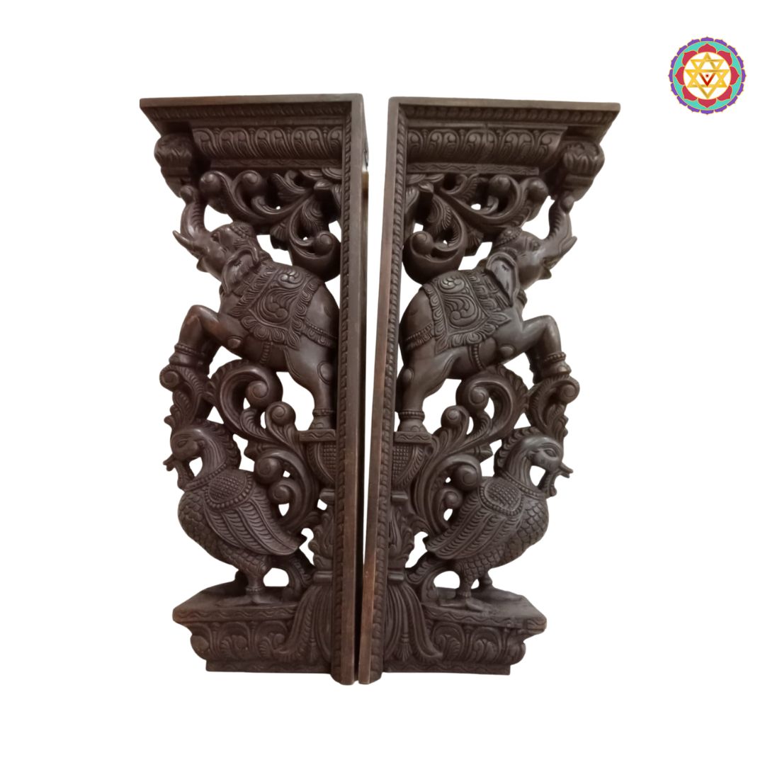 Woodcarved 3” foot trunk up elephants with Annams and vines brackets. (each)