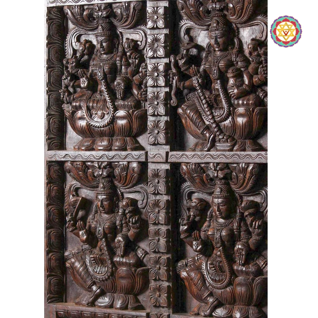 Detailed neem wood panel showing Dhaanya Lakshmi (Grain & Nourishment)