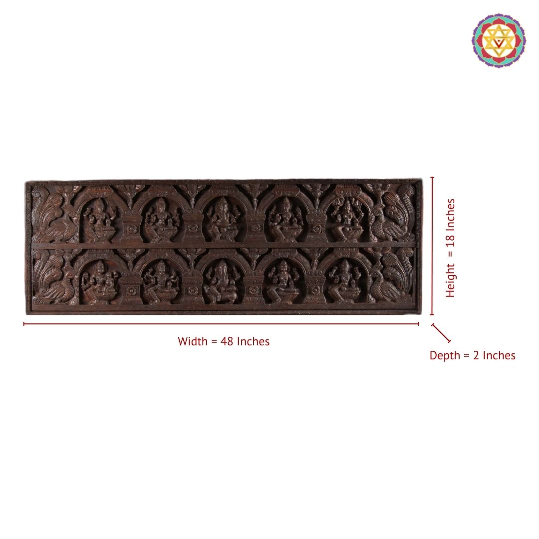 Handcarved horizontal panel Exquisite Ganesha & Lakshmi Panel – Adorned with Graceful Peacocks