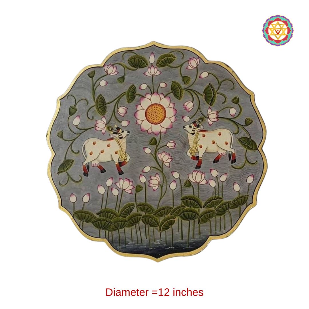 hand-painted petal-shaped pichwai wall plate featuring cows with lotuses, traditional kamal talai theme