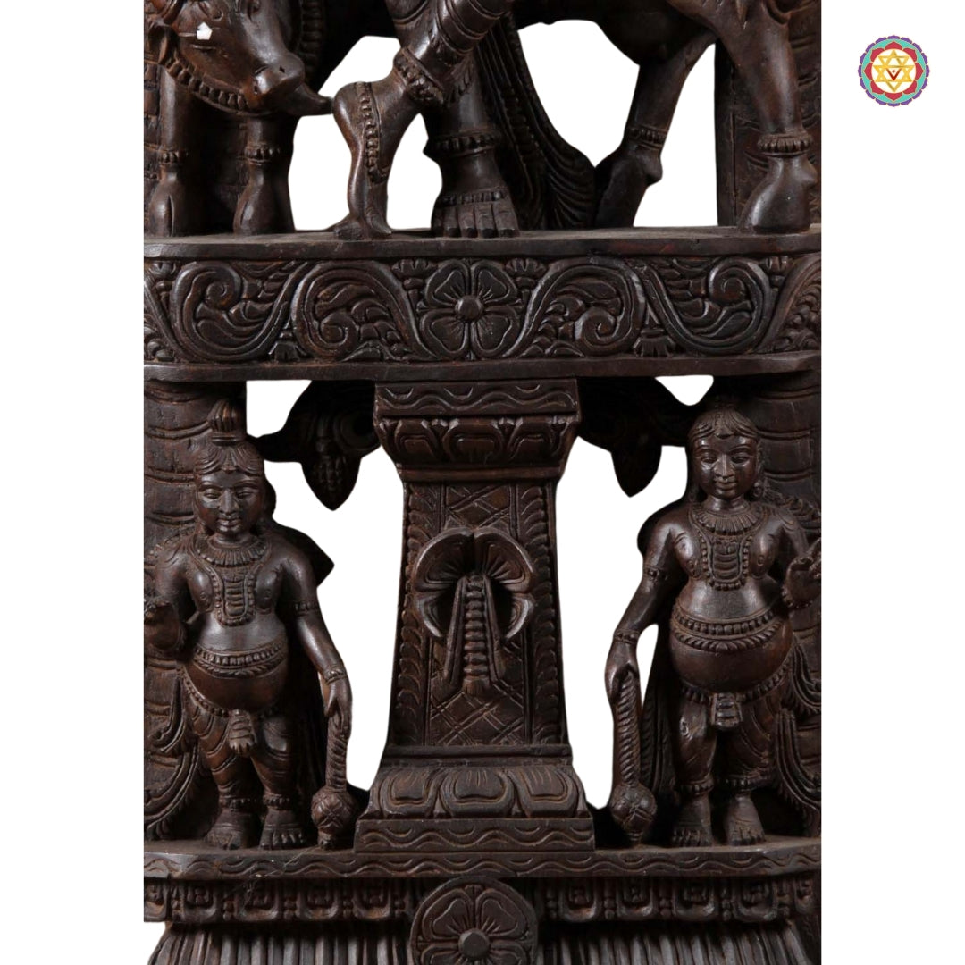 Handcarved Wooden Gopal Krishna Panel Canopy  Sculpture with Playful Cow and Two Gopis