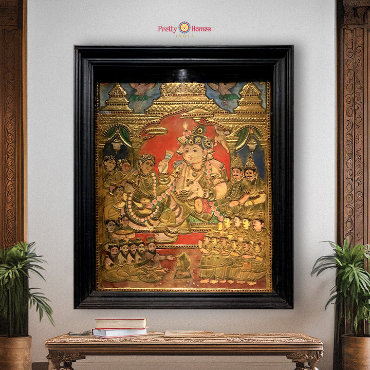 Vintage Handmade Tanjore Painting of Baby Krishna with Yashoda & Worshippers – Real Gold Work Devotional Fine Art