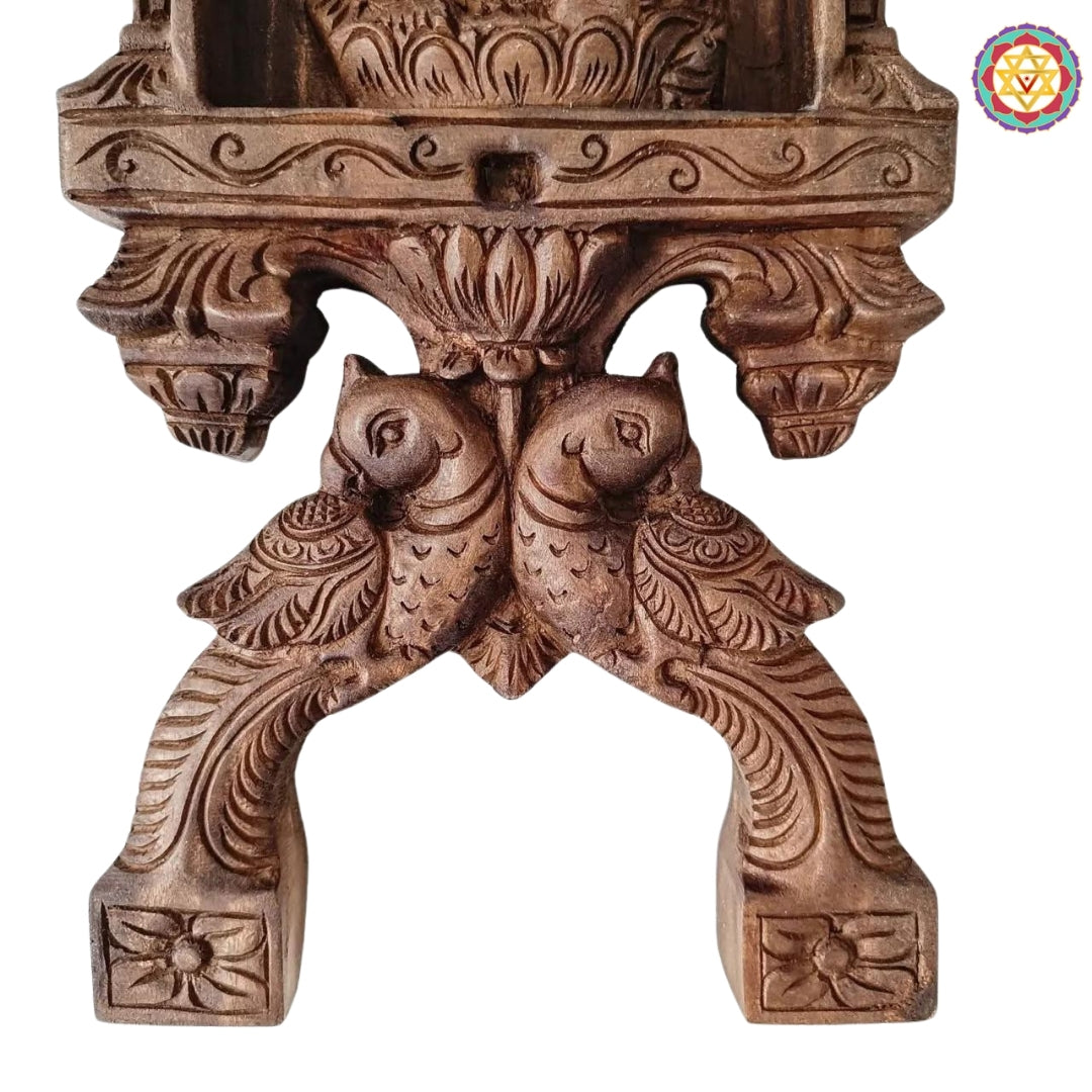 Woodcarved Ganesha & Laxmi kavadi style wall mounts with parrot carvings .