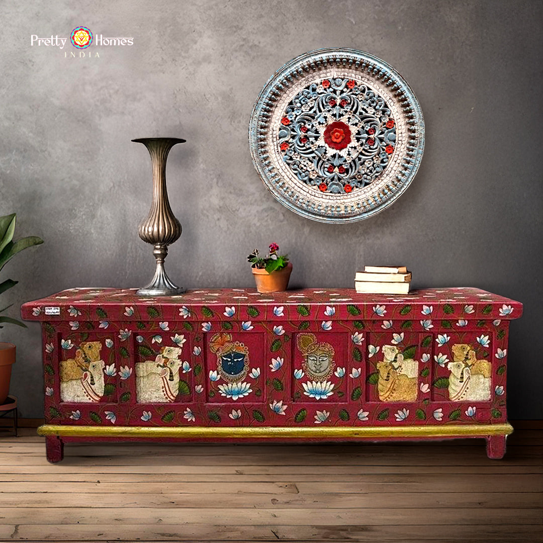 wooden pichwai style handpainted trunk coffee table