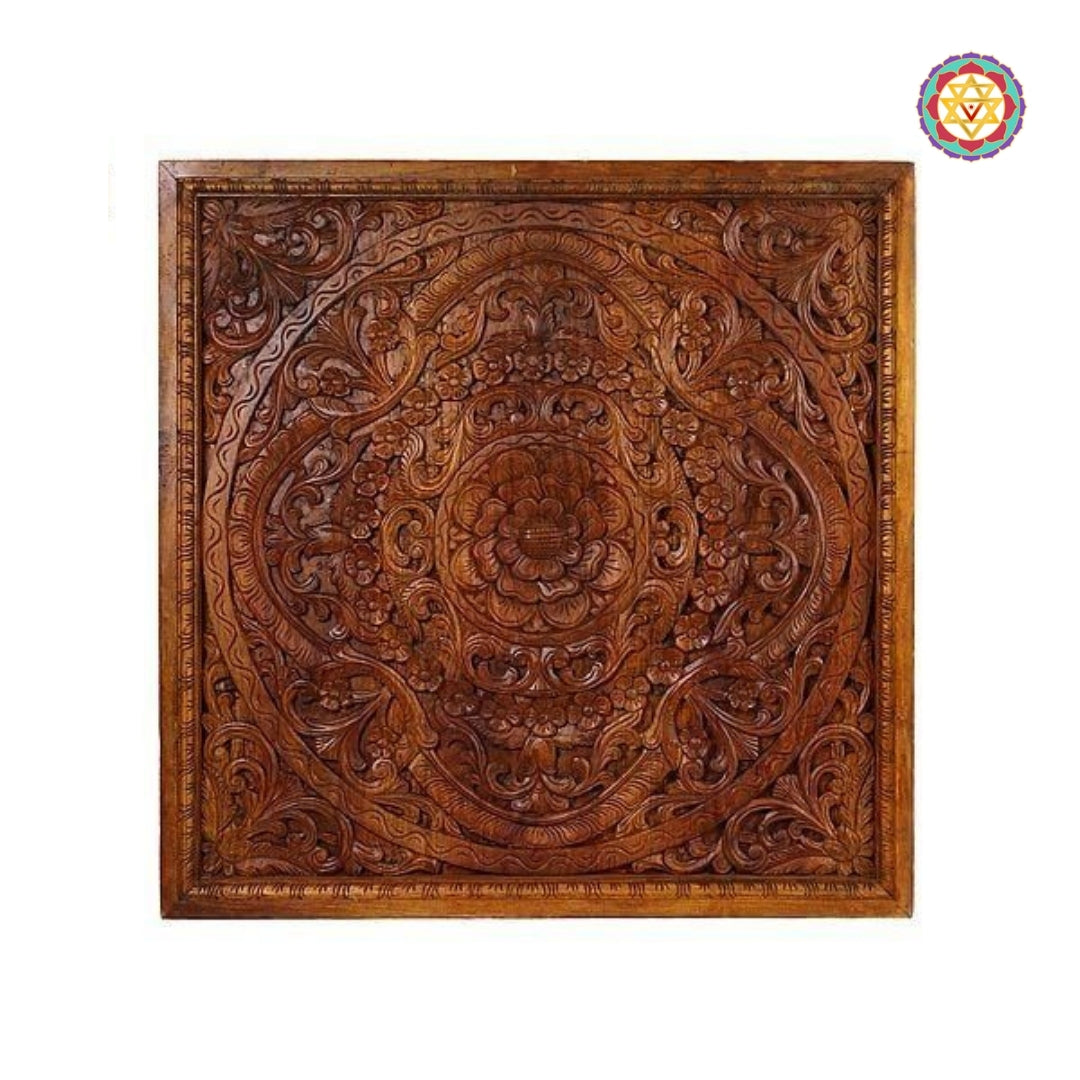 Detail of natural polish on carved mango wood floral motifs