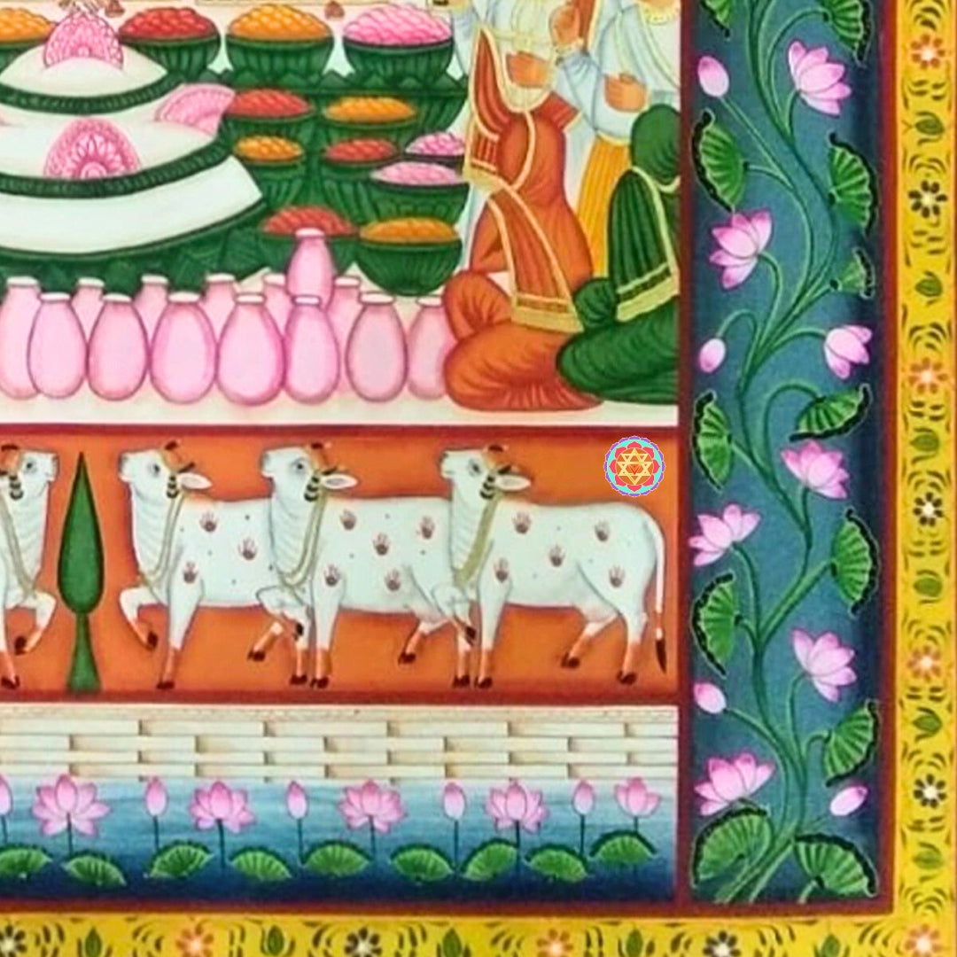 Vibrant Pichwai representation of Krishna and devotees celebrating with elephants and lotuses