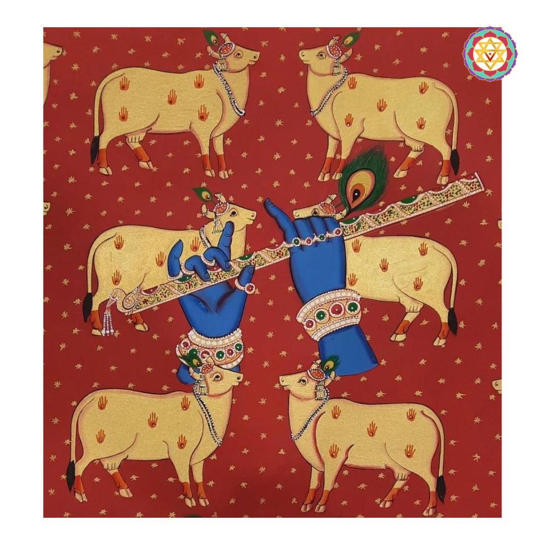 hand-painted antique-style pichwai of krishna with flute surrounded by cows, devotional art on cotton cloth