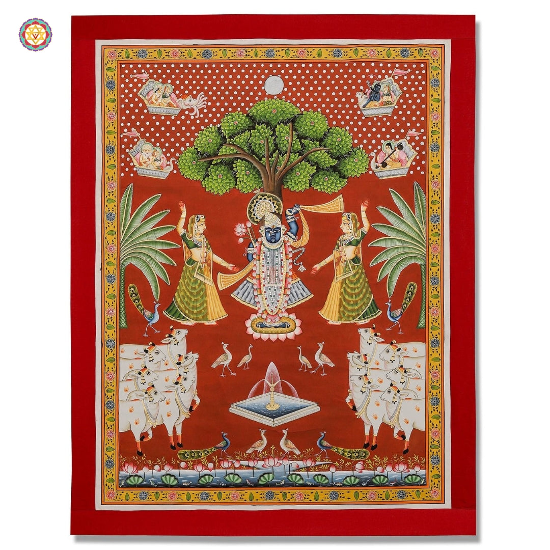 Front view of Pichwai Shrinathji with cows — intricate detailing and gold accents, handcrafted temple-style painting