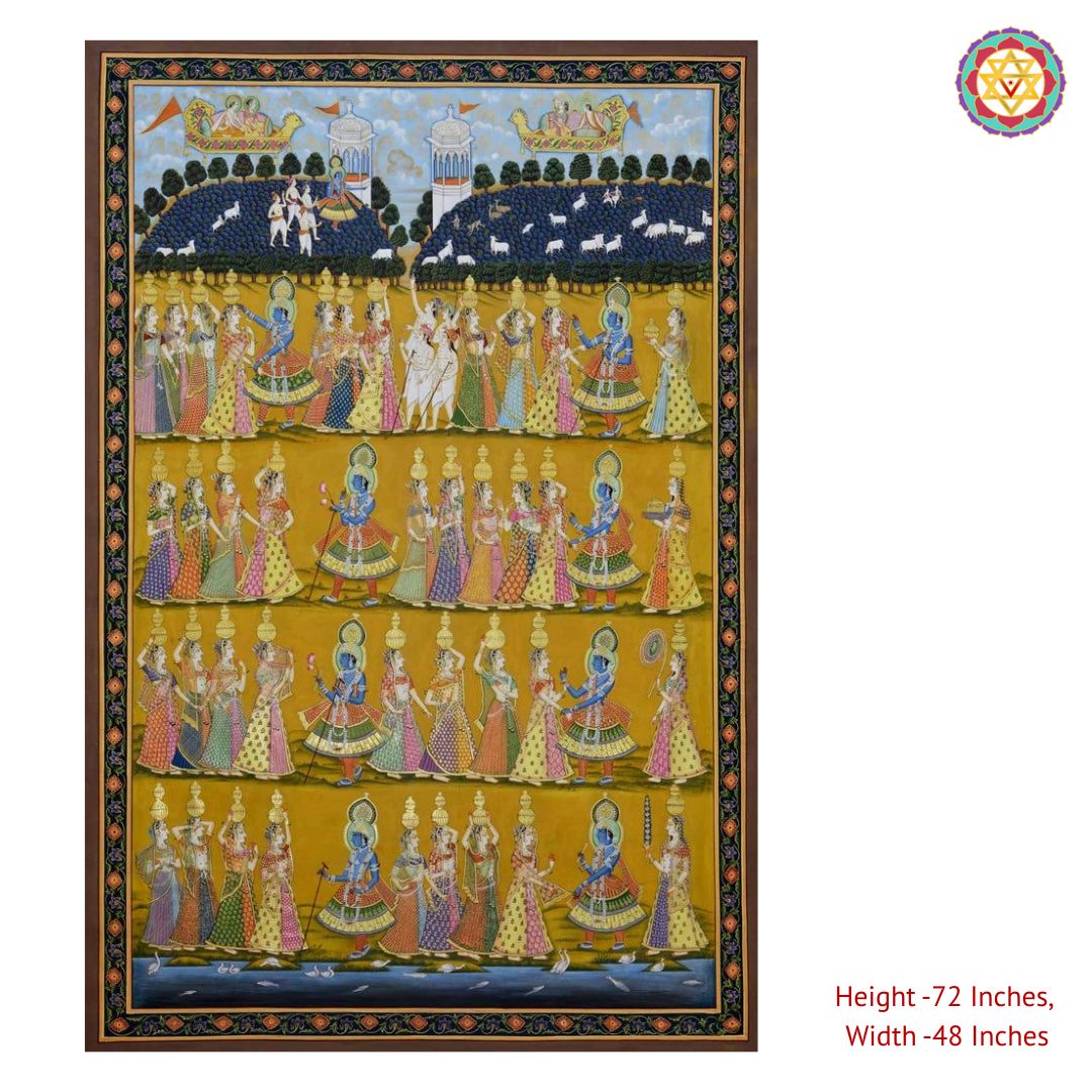 Traditional vintage style Hand-Painted Pichwai – Krishna with Gopikas
