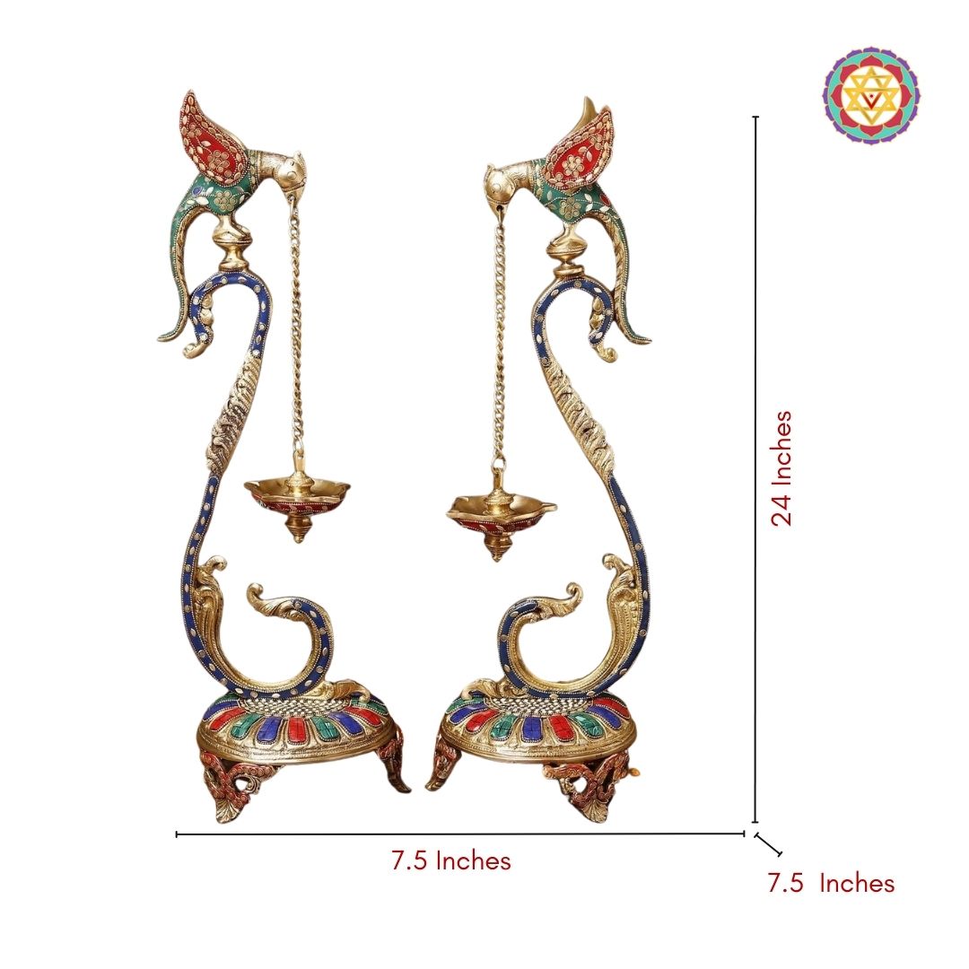 Brass Parrot Lamp – 24 Inch Brass Diya Pair with Intricate Stone Detailing | Decorative Temple & Home Decor