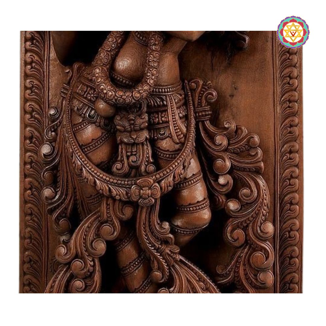 Krishna playing flute with lotus and floral motifs
