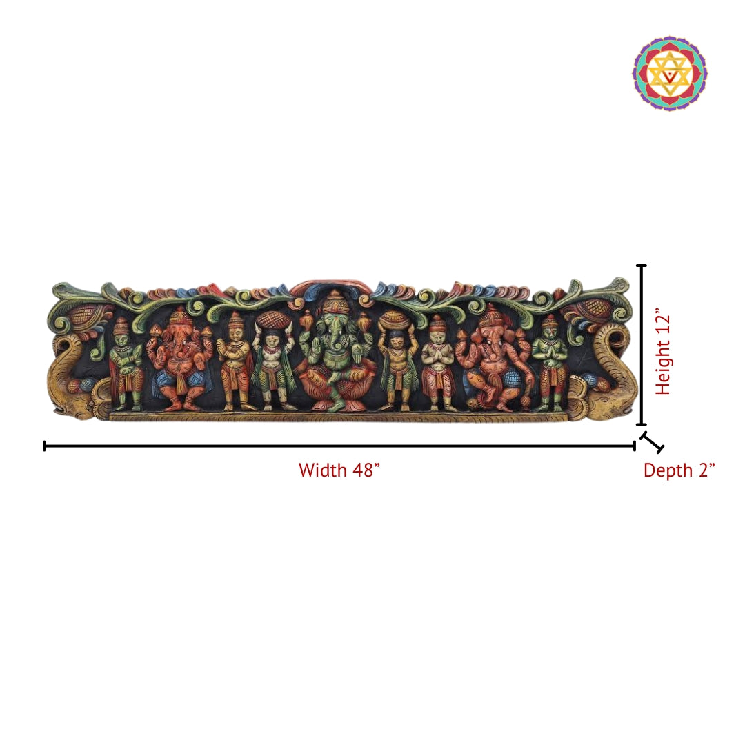 48” Handcrafted Wooden Ganesha multicolour Panel with Various Gods