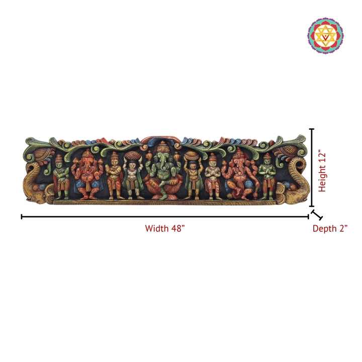 48” Handcrafted Wooden Ganesha multicolour Panel with Various Gods