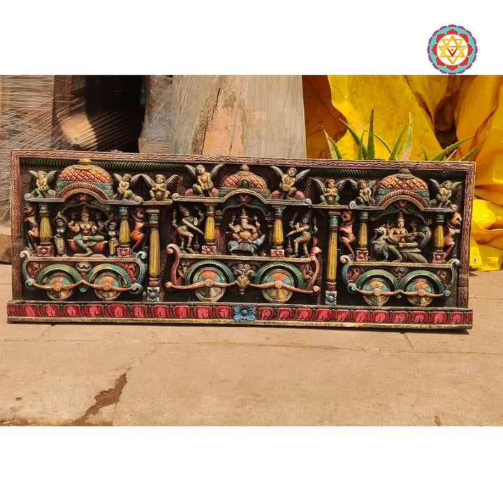 Exotic Wood Carved Ganesh,Laxmi & Saraswati on chariot -decorative wall panel