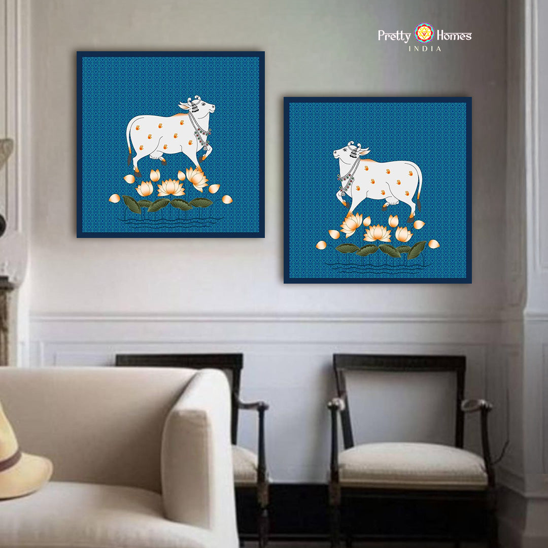 Closeup detailing of cow with blue lotus Pichwai miniature