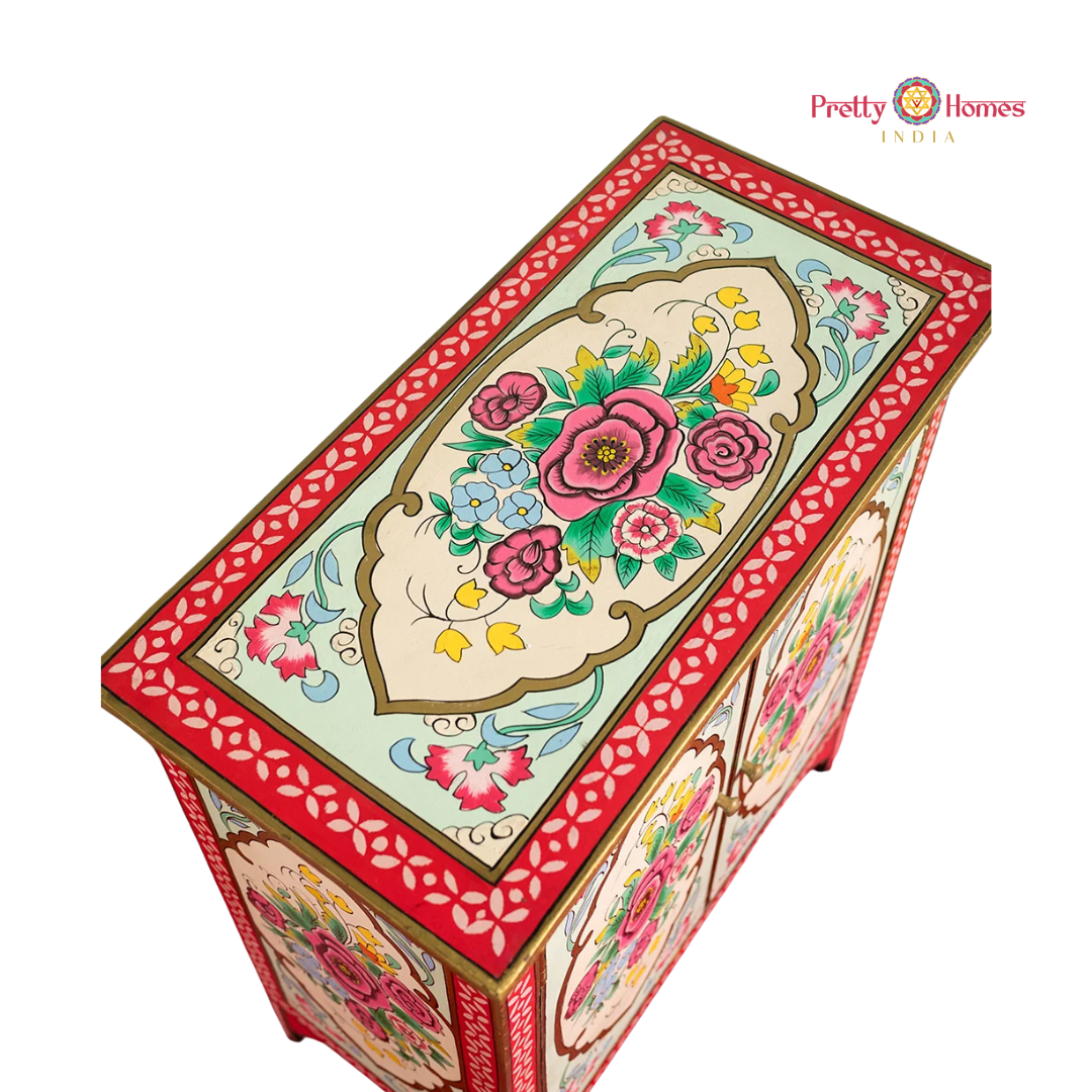 Handpainted Wooden Storage Cabinet / Sideboard with Floral Arches