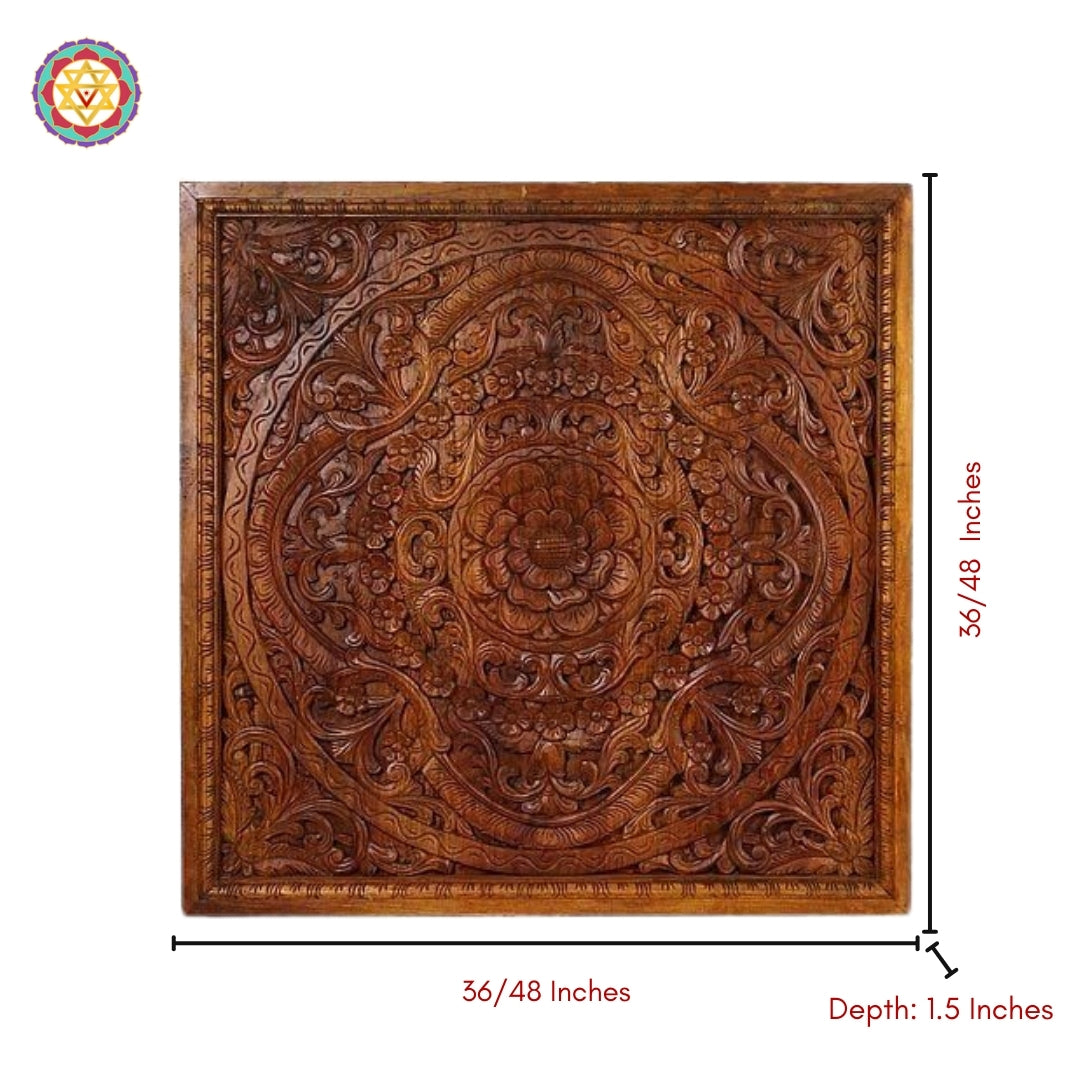 Detail of natural polish on carved mango wood floral motifs with measurements

