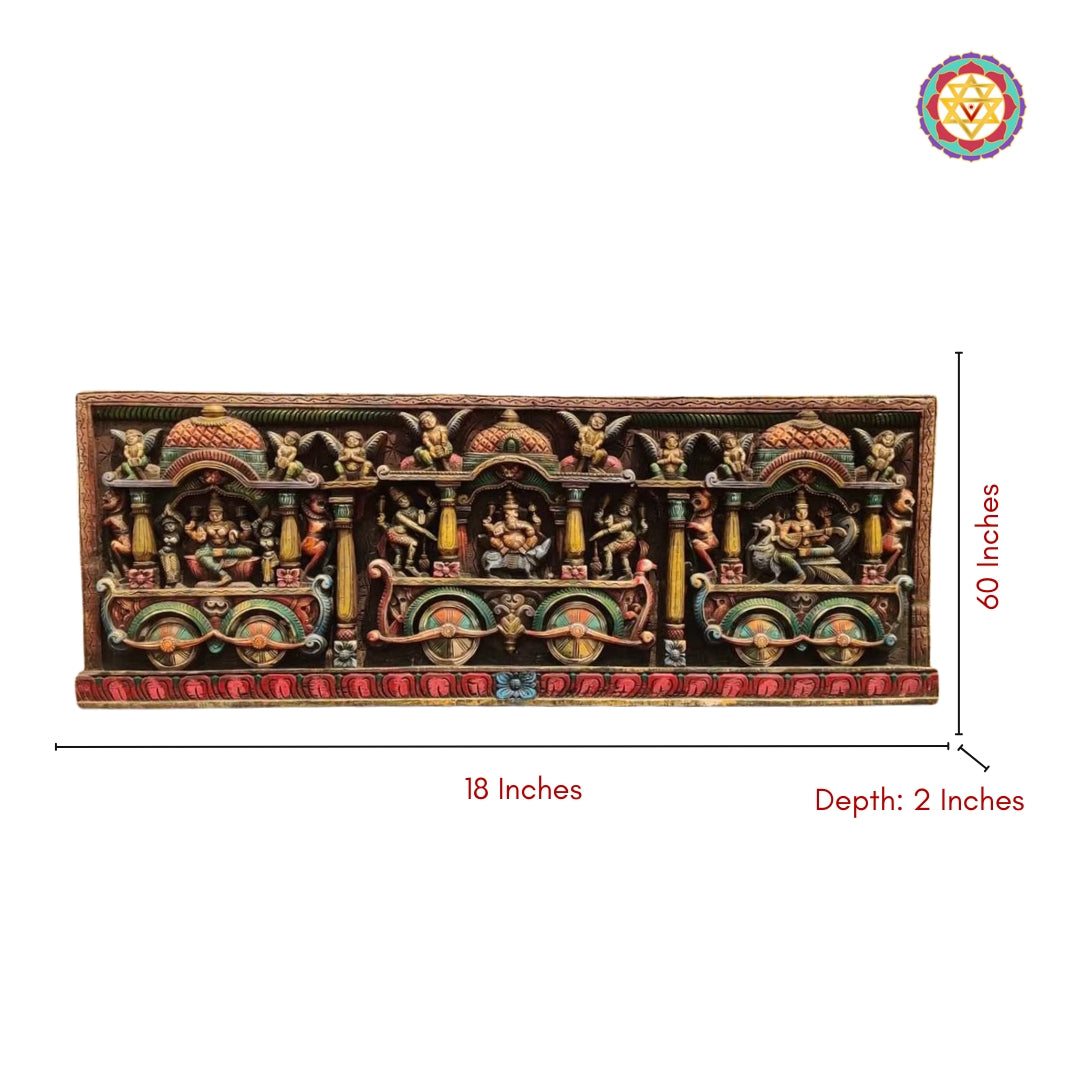 Dimensions view of 60×18 inch carved wooden wall panel with divine trio and floral accents