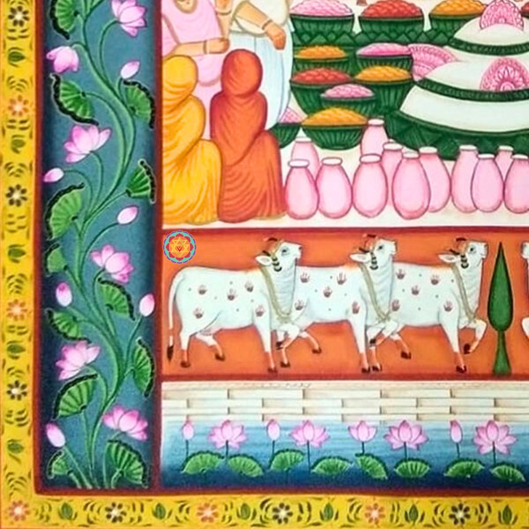 Colorful Pichwai painting illustrating Radha Krishna divine love theme with lush detail