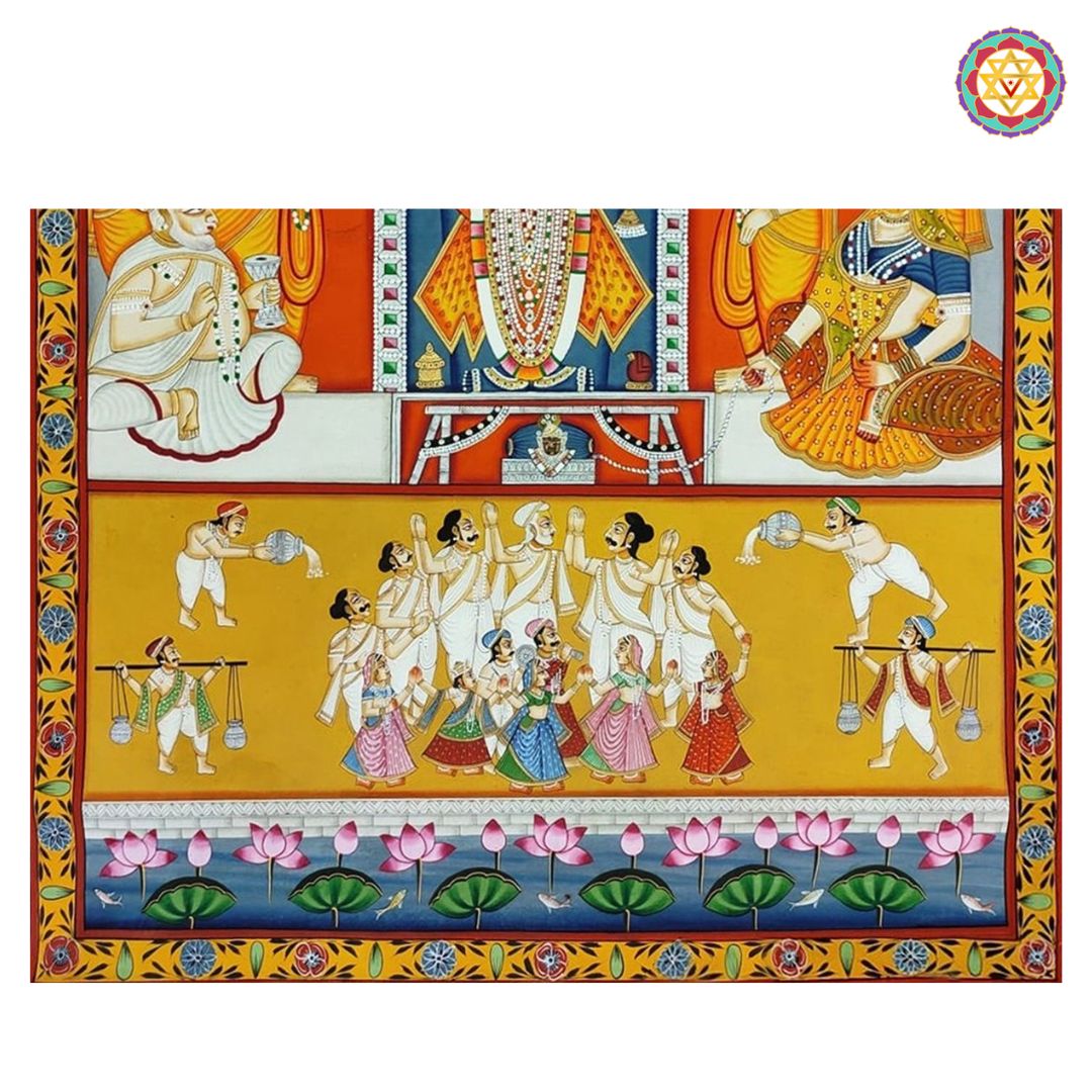 shrinathji rajbhog pichwai angled shot with detailed festive backdrop