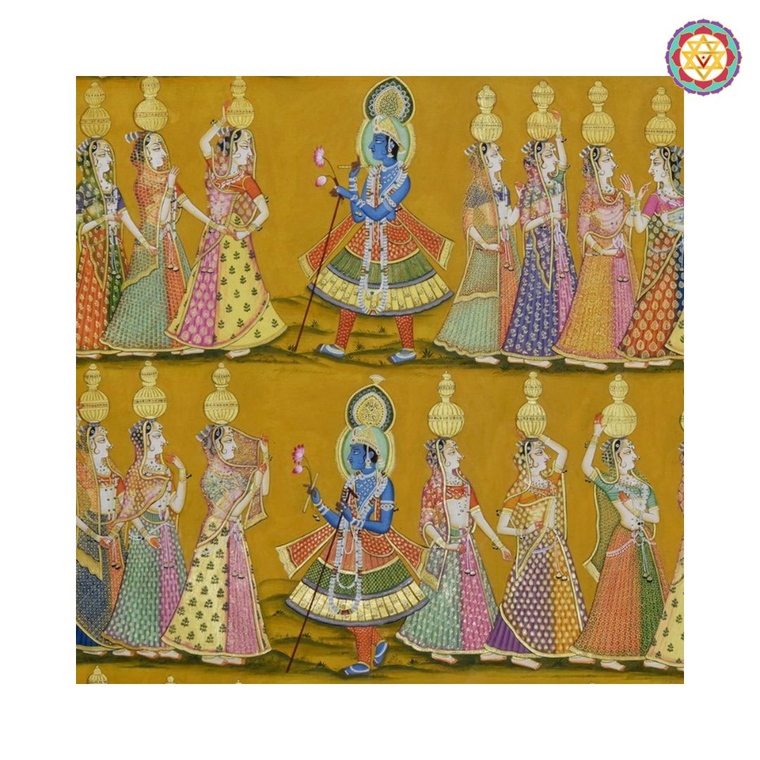 vintage krishna with gopikas pichwai full artwork with traditional detailing