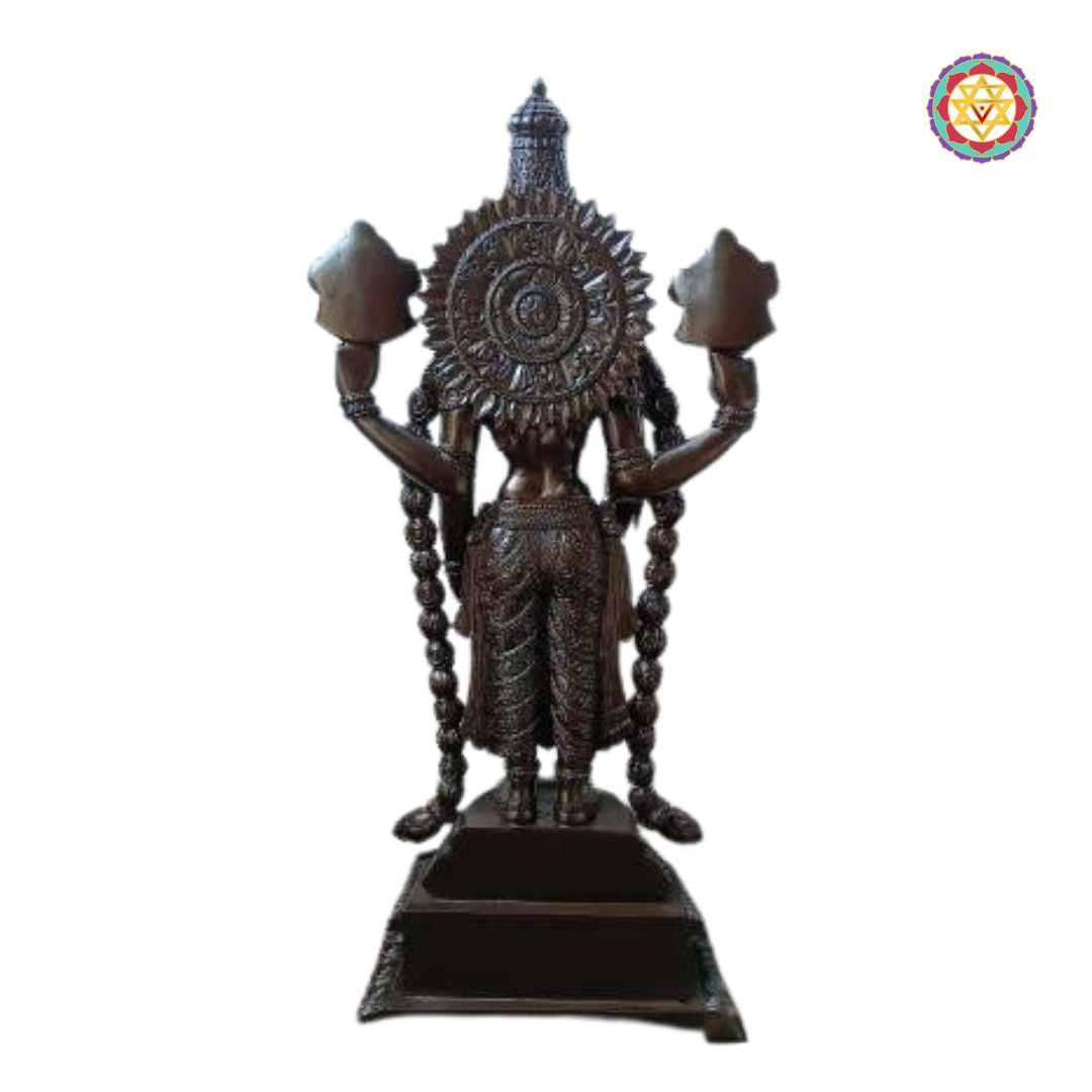 Rear and side profile of wooden Kalyan Balaji idol highlighting craftsmanship