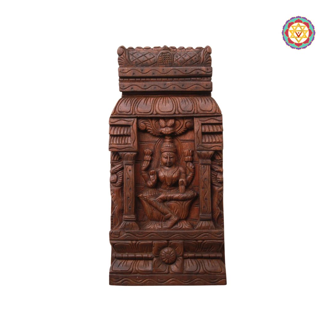 Wooden carvings with intricate designs on a white background: Alternate view of gopuram-style Laxmi carving