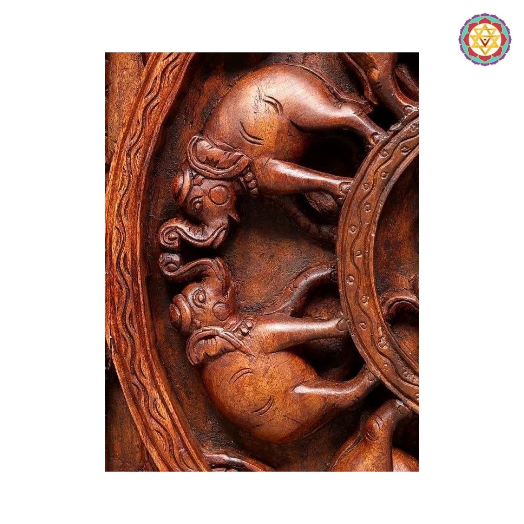 elephant circle wooden frame angled view showing intricate carving