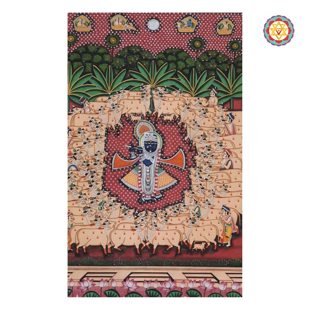 framed pichwai gopastami artwork displayed with rustic ethnic decor