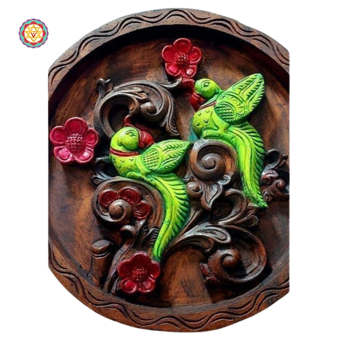 Wood carved wall plates with Parrots and flowers