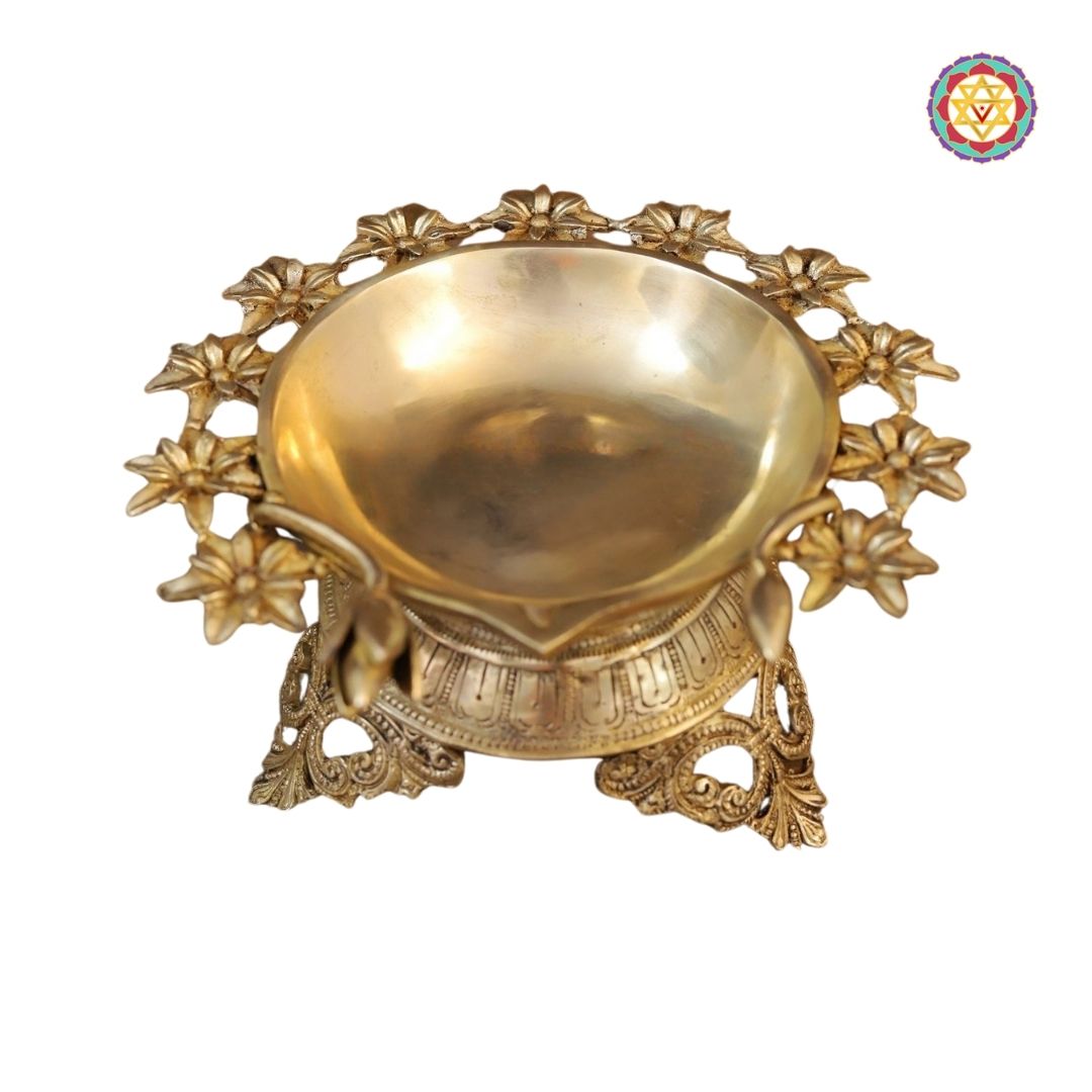 small brass flower urli with engraved base and elegant golden finish