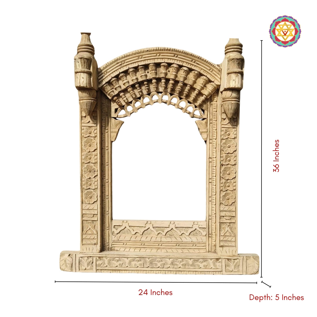 “Full view of the handcarved wooden jharokha mirror with beautiful floral and geometric motifs”