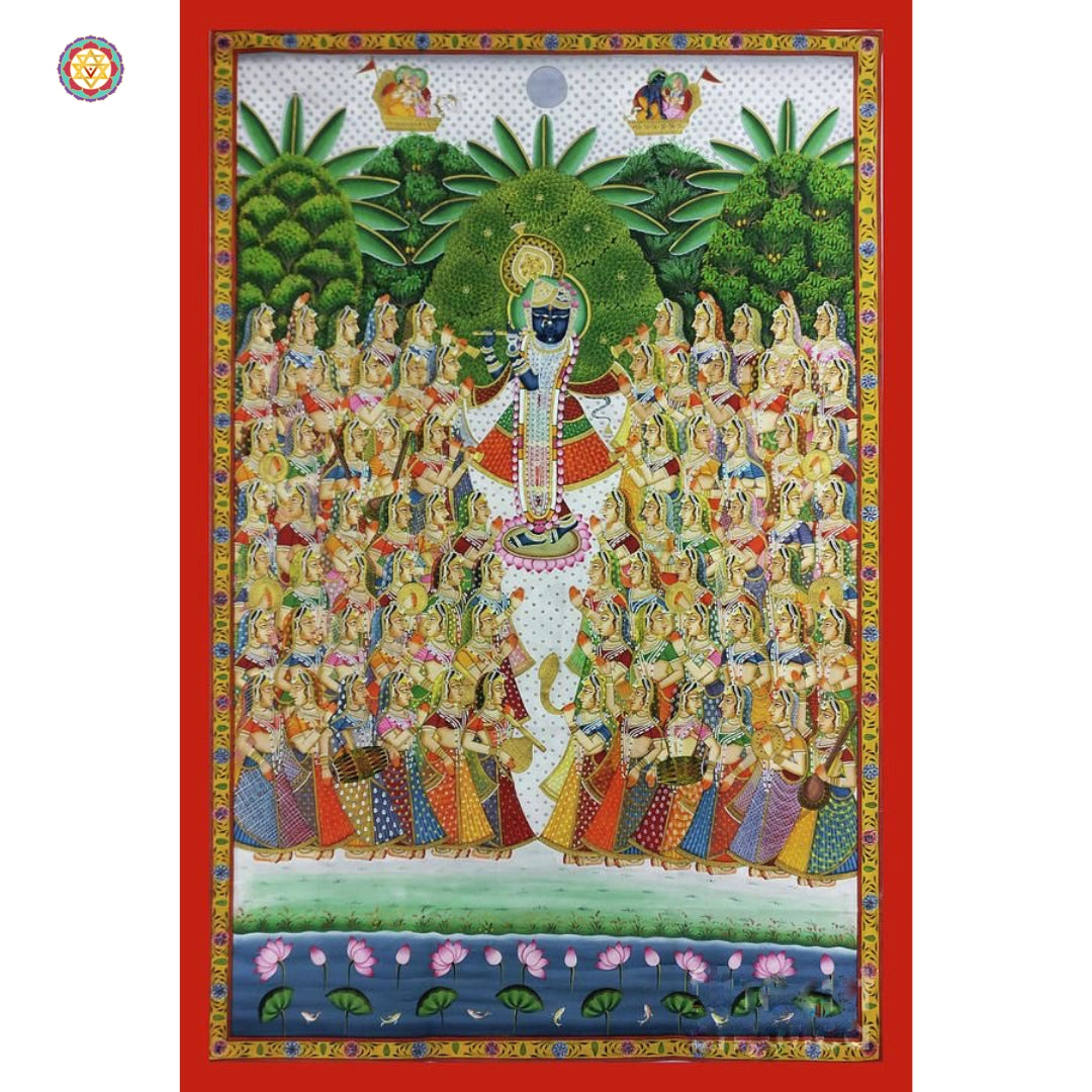 handcrafted pichwai art depicting shrinathji surrounded by gopikas and lotus motifs