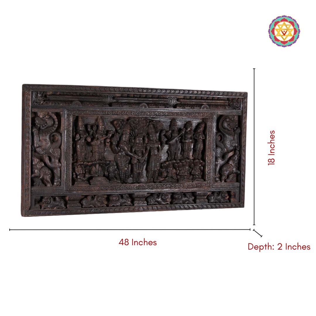 Dimension display of Shiva Parvati marriage wood panel polished