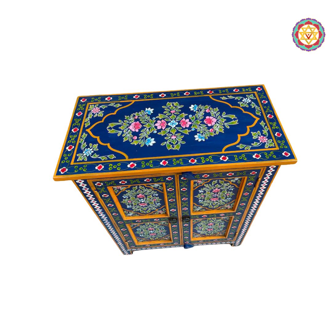 vibrant floral painting on wooden side cabinet