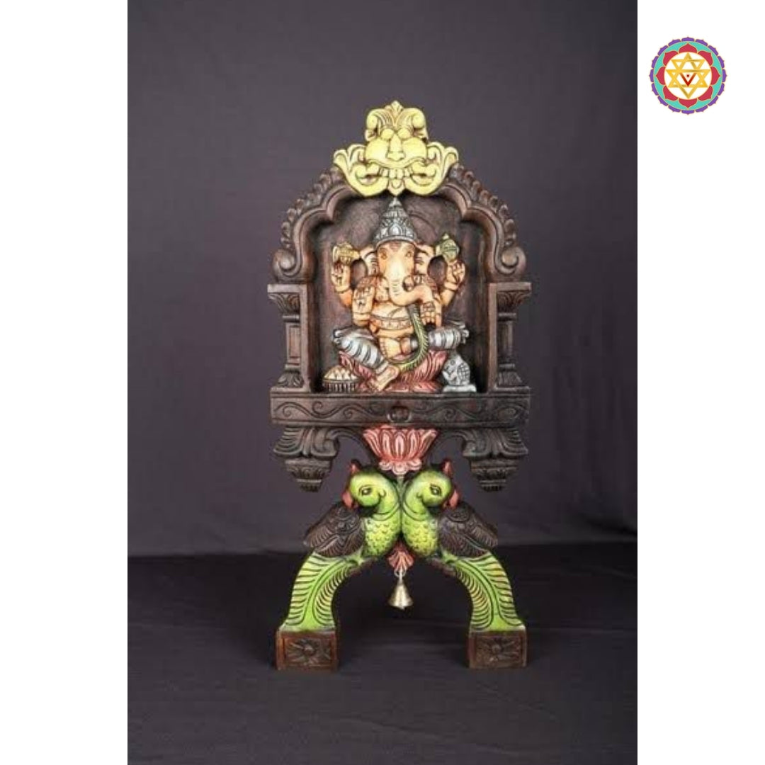 Woodcarved Ganesha & Laxmi kavadi style wall mounts with parrot carvings .