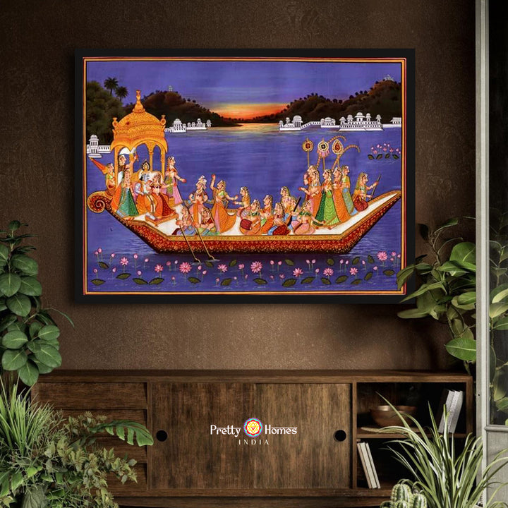Handpainted pichwai - nauka vihar& Celestial Harmony – Krishna, Radha & Gopikas in Moonlight