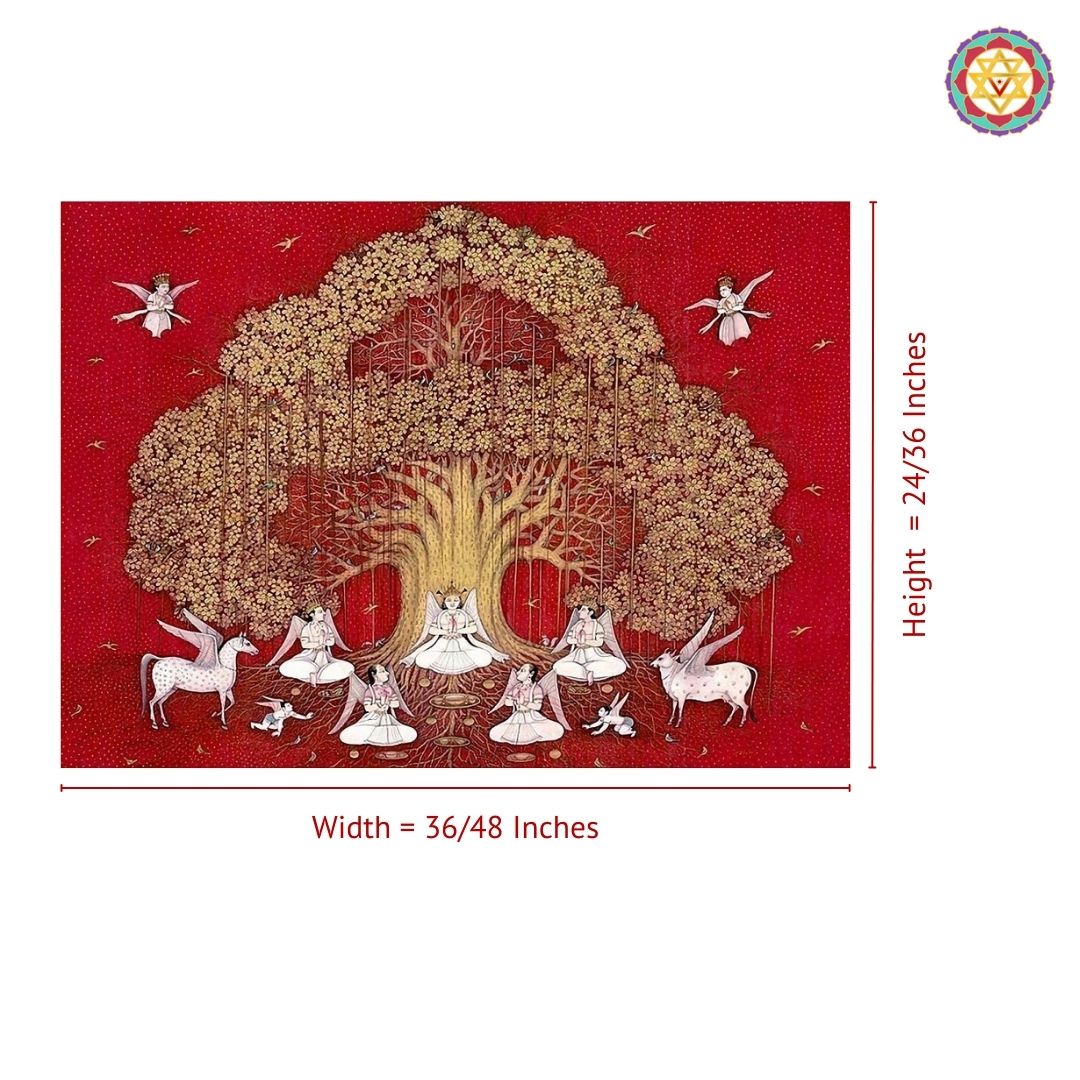 Detailed pichwai artwork of tree of life with flying horses and angels