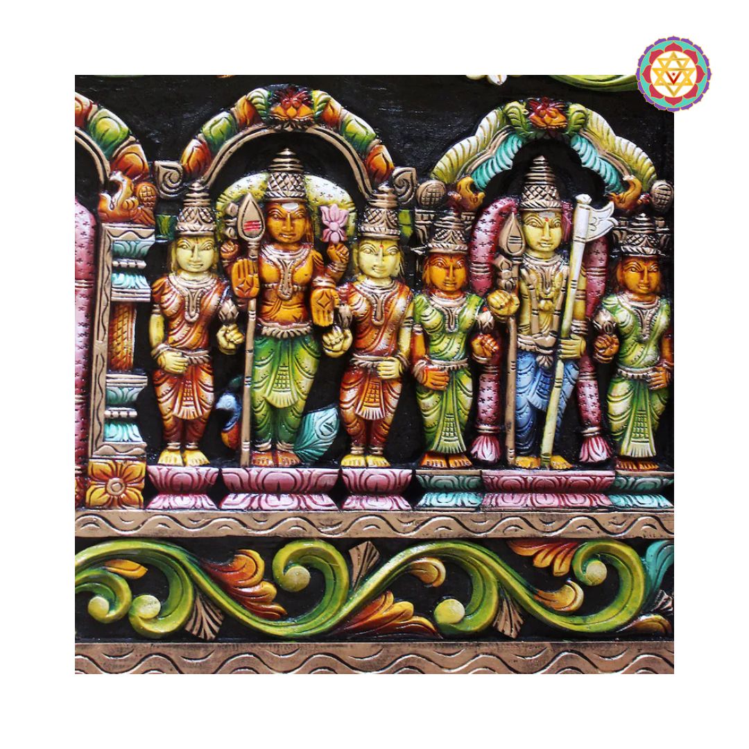 wood carved temple scene panel showing craftsmanship