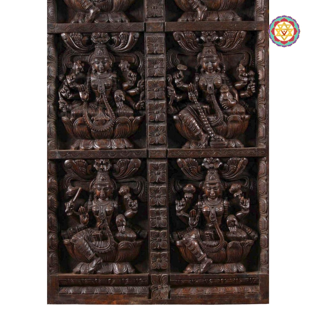 Vidya Lakshmi carving on large wooden wall panel (Knowledge & Education)