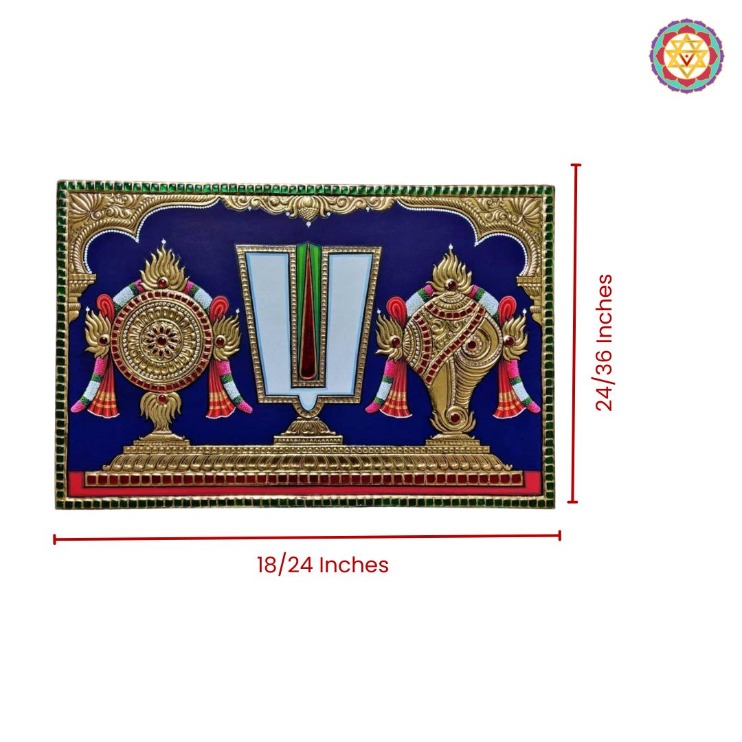 Closeup detailing of Shankh Chakra Naman Tanjore spiritual art