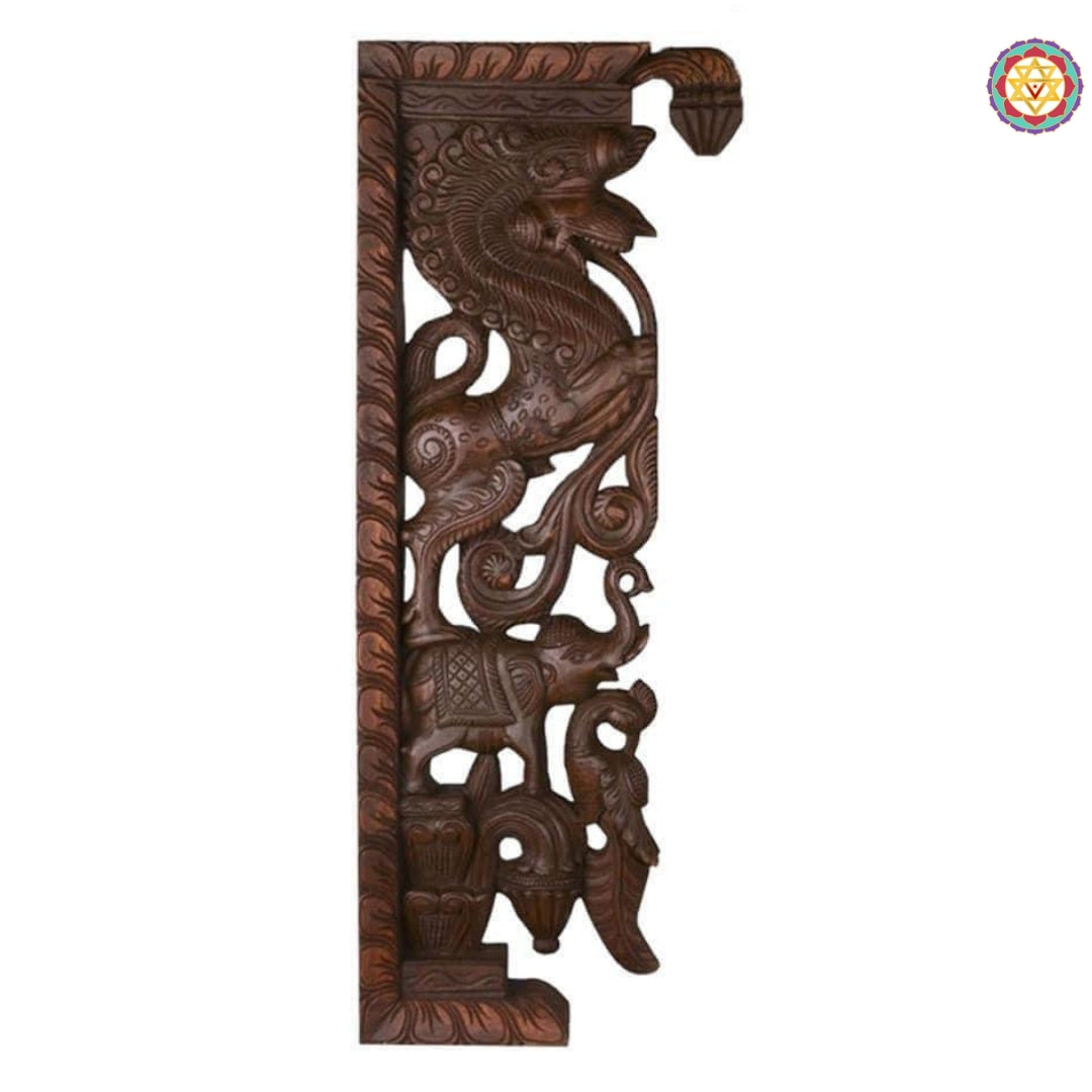 Close-up view of wooden Yali entrance bracket showing intricate carvings with antique finish and floral accents